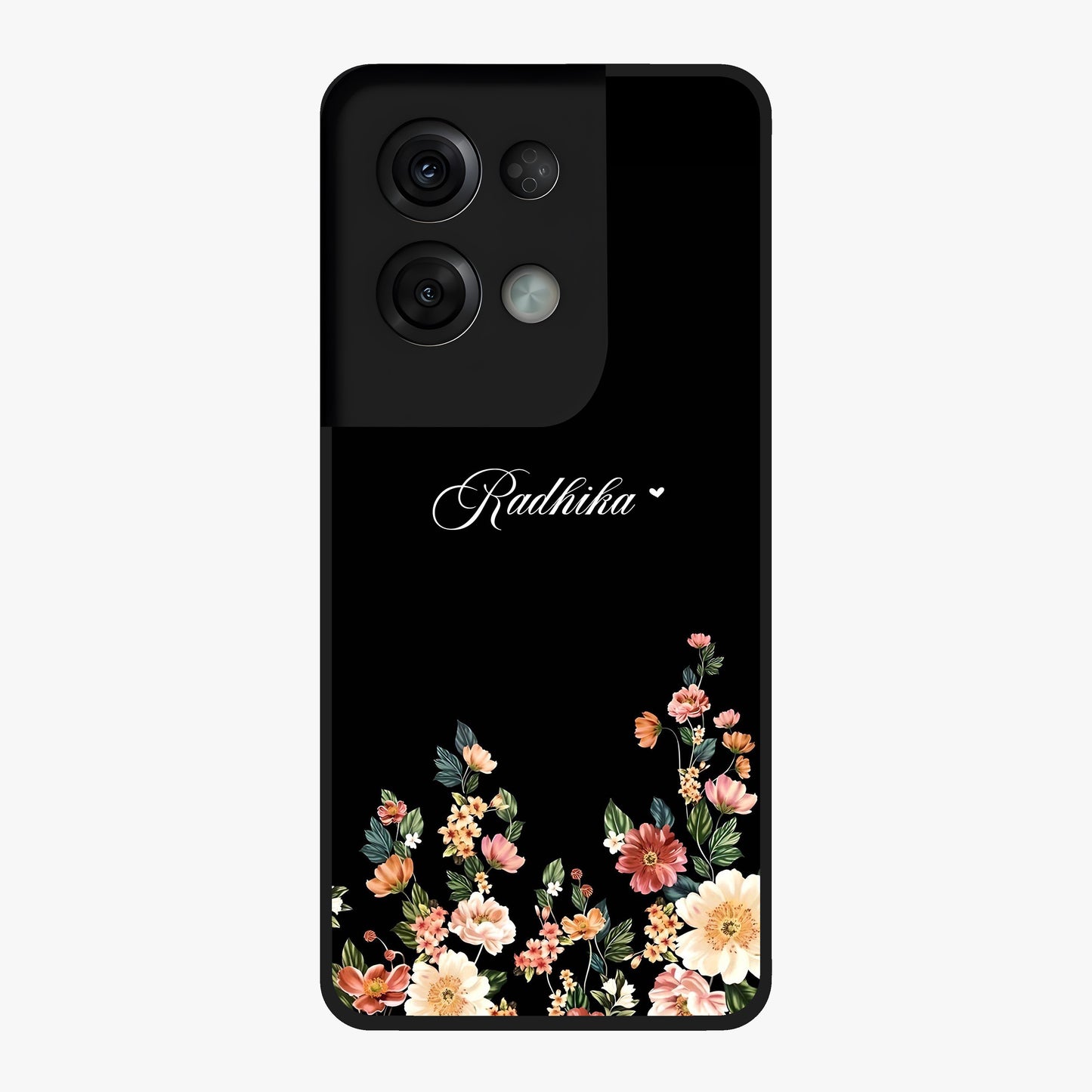 Floral Design With a Custom Personalized Name Glass Case showing flat back view with floral artwork and personalized name design.