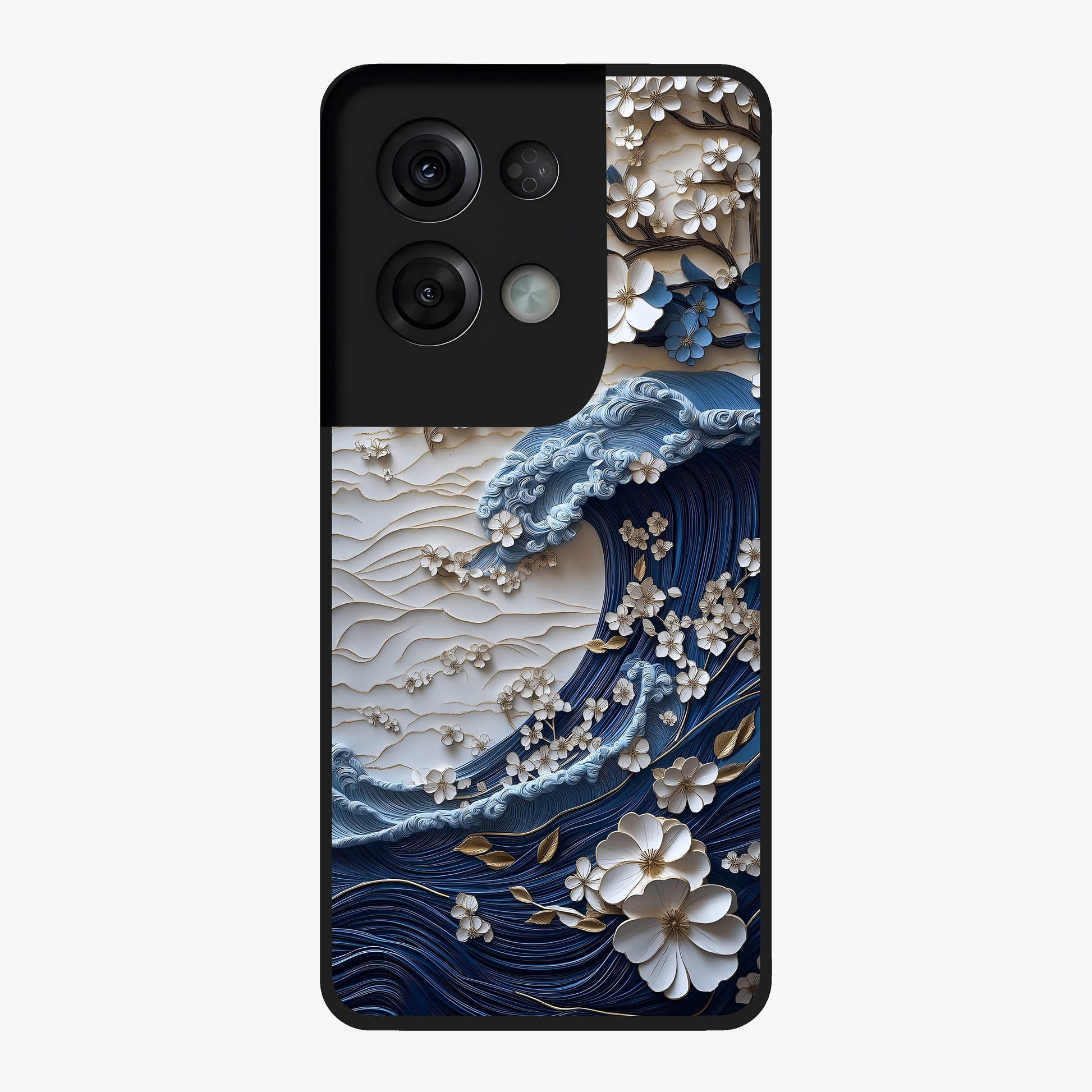 Floral Wave Origami Glass Case showing flat back view with origami inspired floral wave artwork and glossy glass finish.
