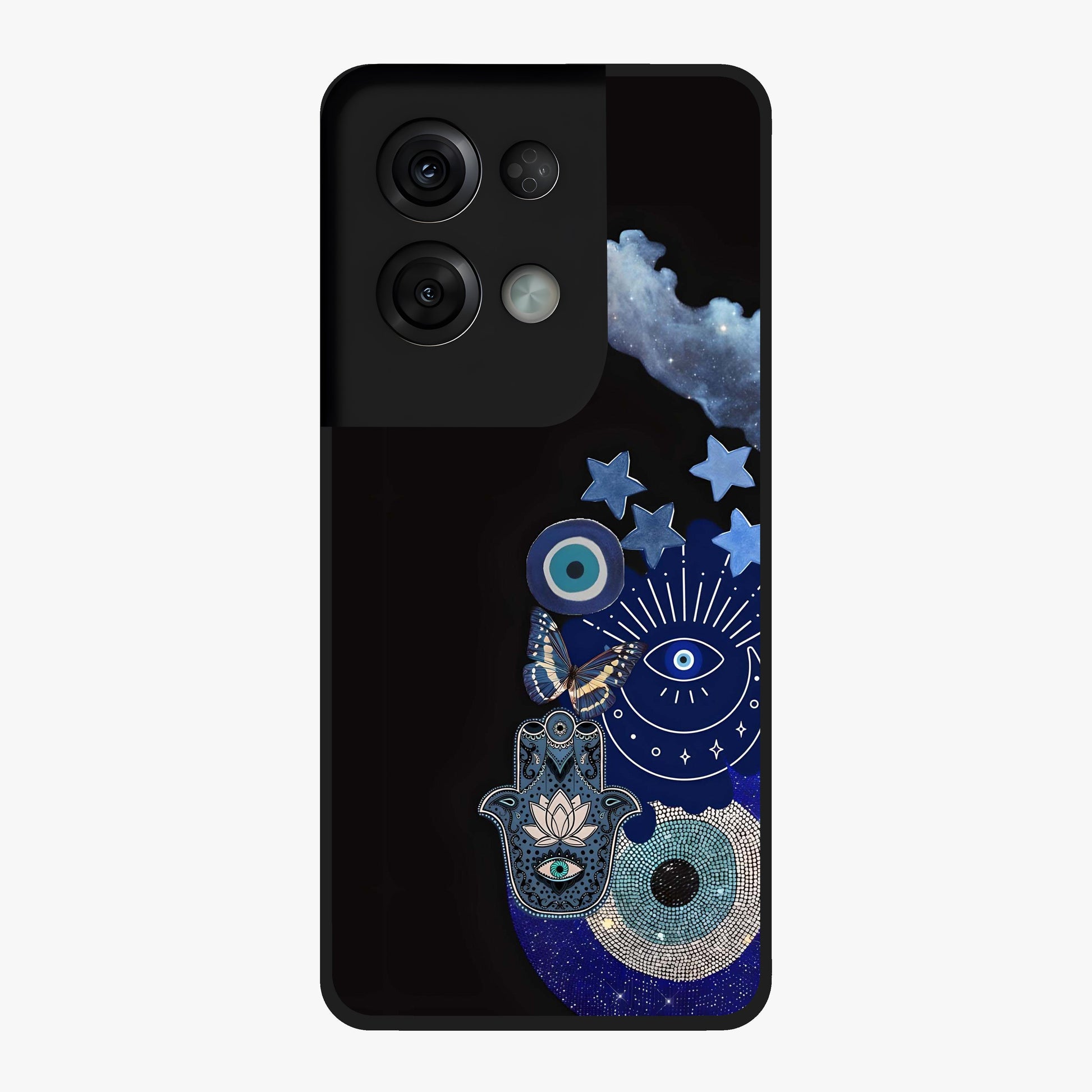 Galactic Charm Cluster Glass Case showing flat back view with glowing celestial charm artwork and glossy glass finish.