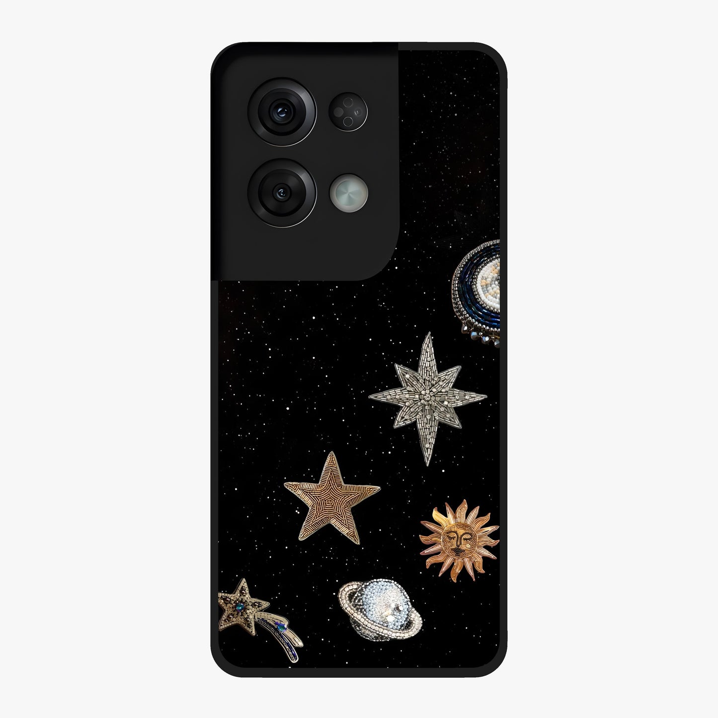 Galactic Charm Glow Glass Case showing flat back view with glowing celestial charm artwork and glossy glass finish.