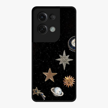 Galactic Charm Glow Glass Case showing flat back view with glowing celestial charm artwork and glossy glass finish.