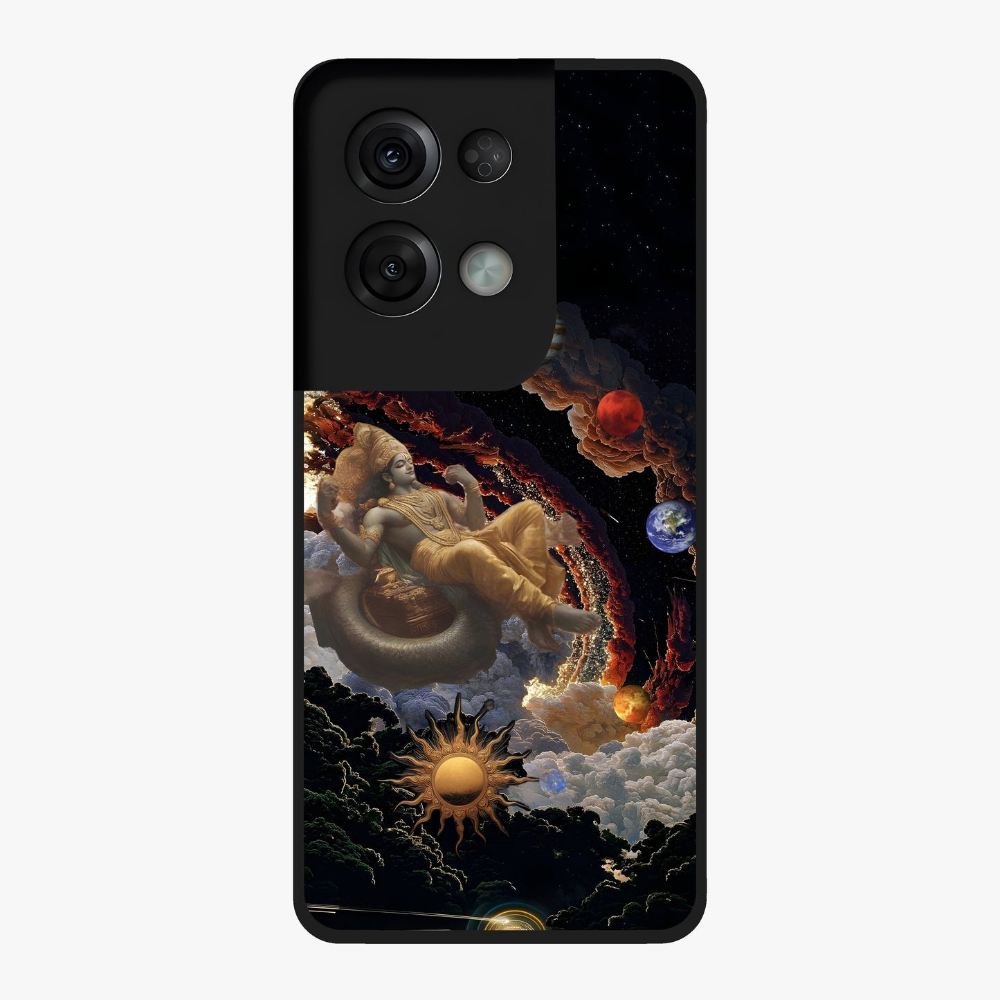 Galactic Divine God Glass Case showing flat back view with divine cosmic themed artwork and glossy glass finish.