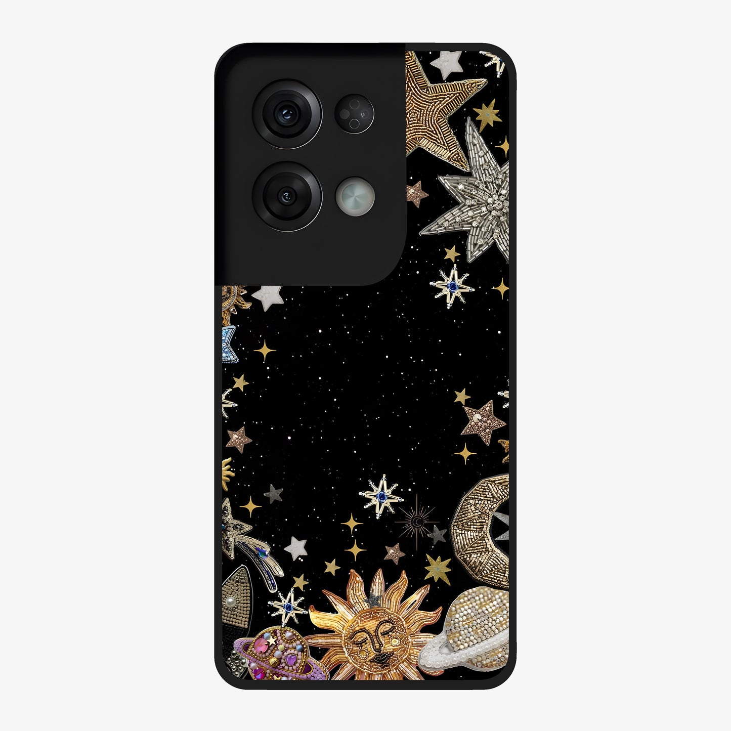 Galactic Jewel Stars Glass Case showing flat back view with sparkling star jewel artwork and glossy glass finish.