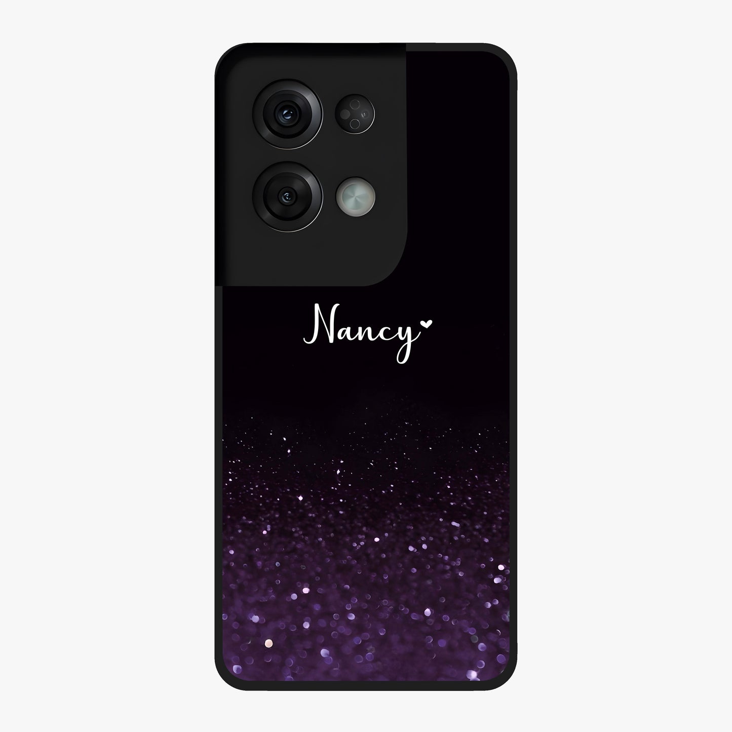 Glittery Purple Bokeh Custom Name Glass Case showing flat back view with purple bokeh sparkle artwork and personalized name design.