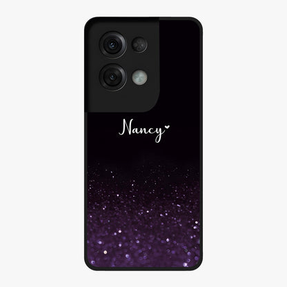 Glittery Purple Bokeh Custom Name Glass Case showing flat back view with purple bokeh sparkle artwork and personalized name design.