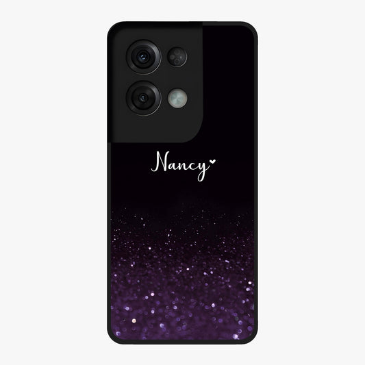 Glittery Purple Bokeh Custom Name Glass Case showing flat back view with purple bokeh sparkle artwork and personalized name design.