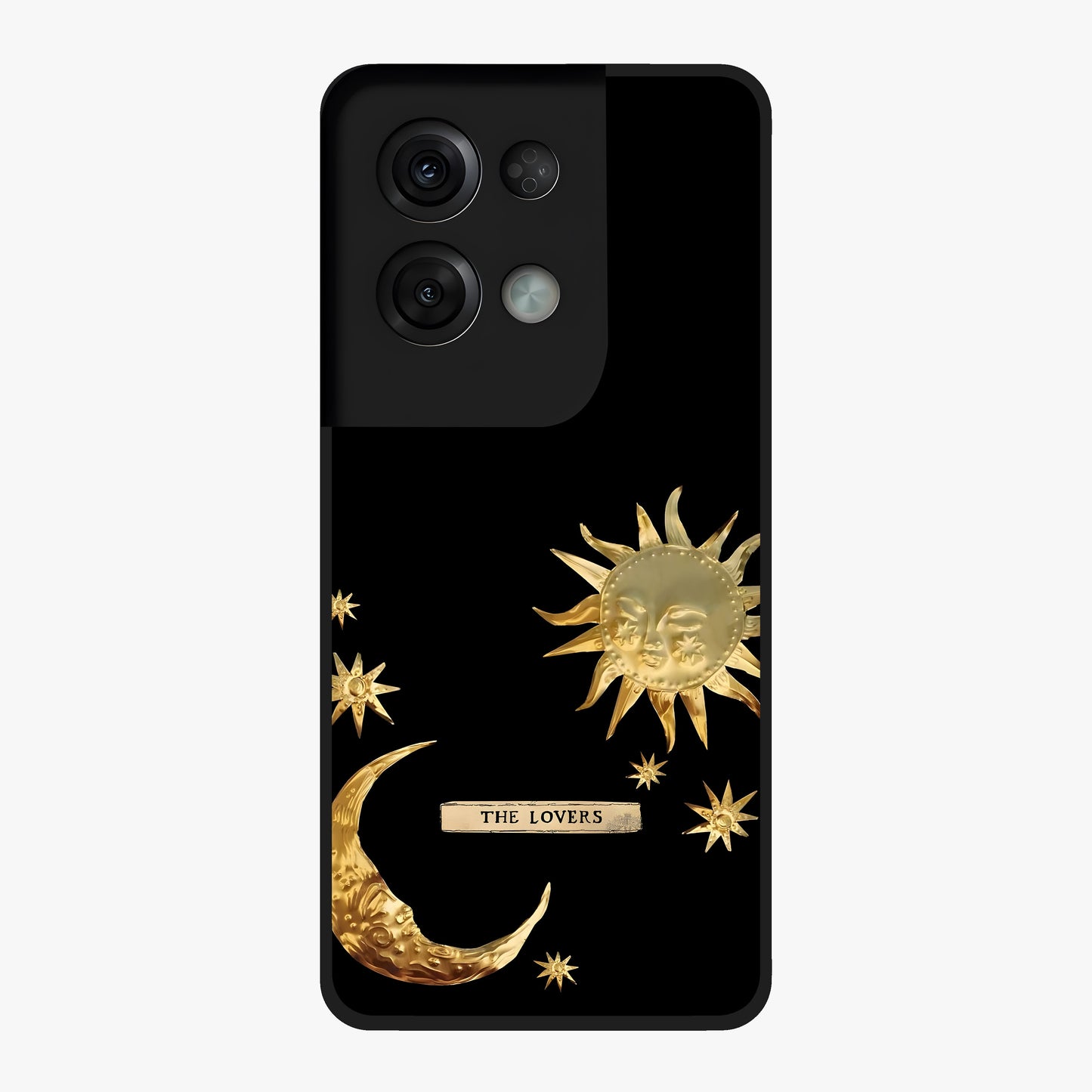 Golden Celestial Charm Glass Case showing flat back view with golden celestial charm artwork and glossy glass finish.