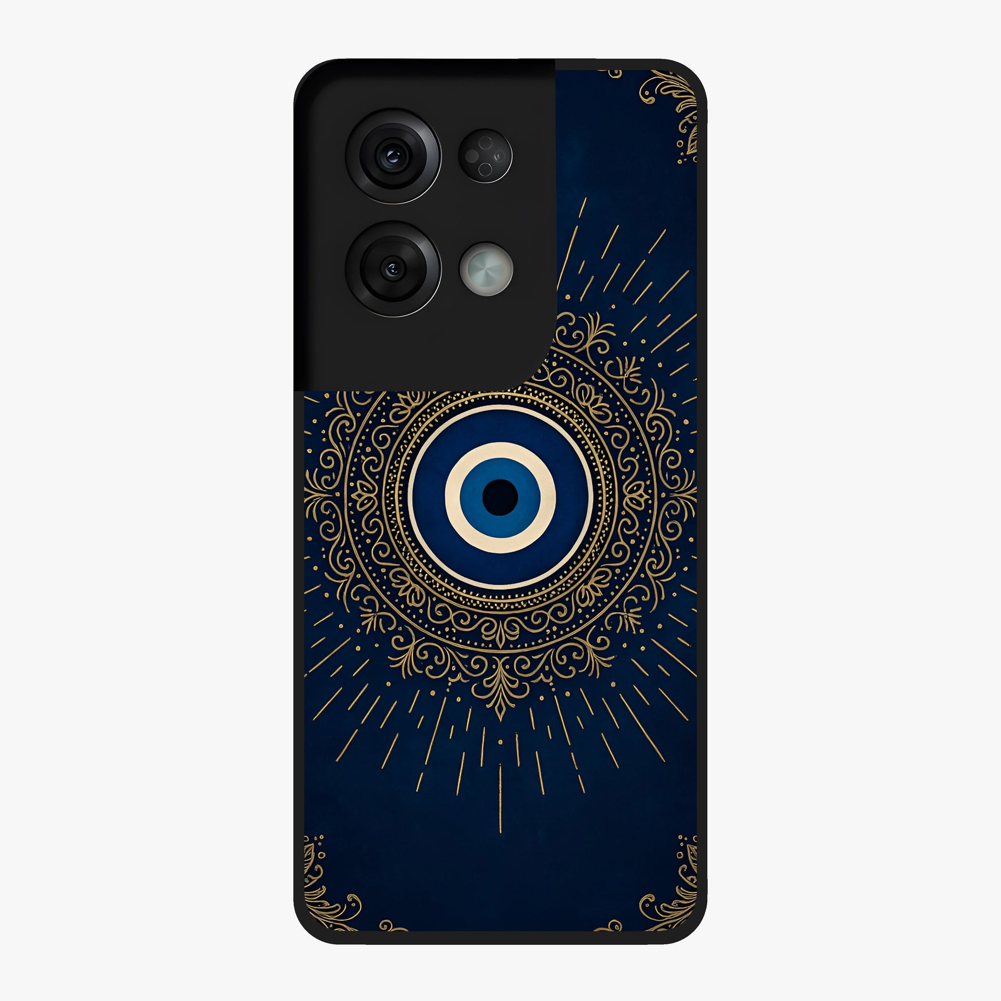 Golden Evil Eye Mandala Glass Case showing flat back view with intricate evil eye mandala artwork and glossy glass finish.
