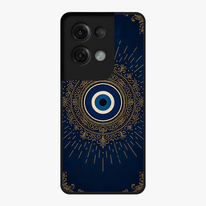 Golden Evil Eye Mandala Glass Case showing flat back view with intricate evil eye mandala artwork and glossy glass finish.