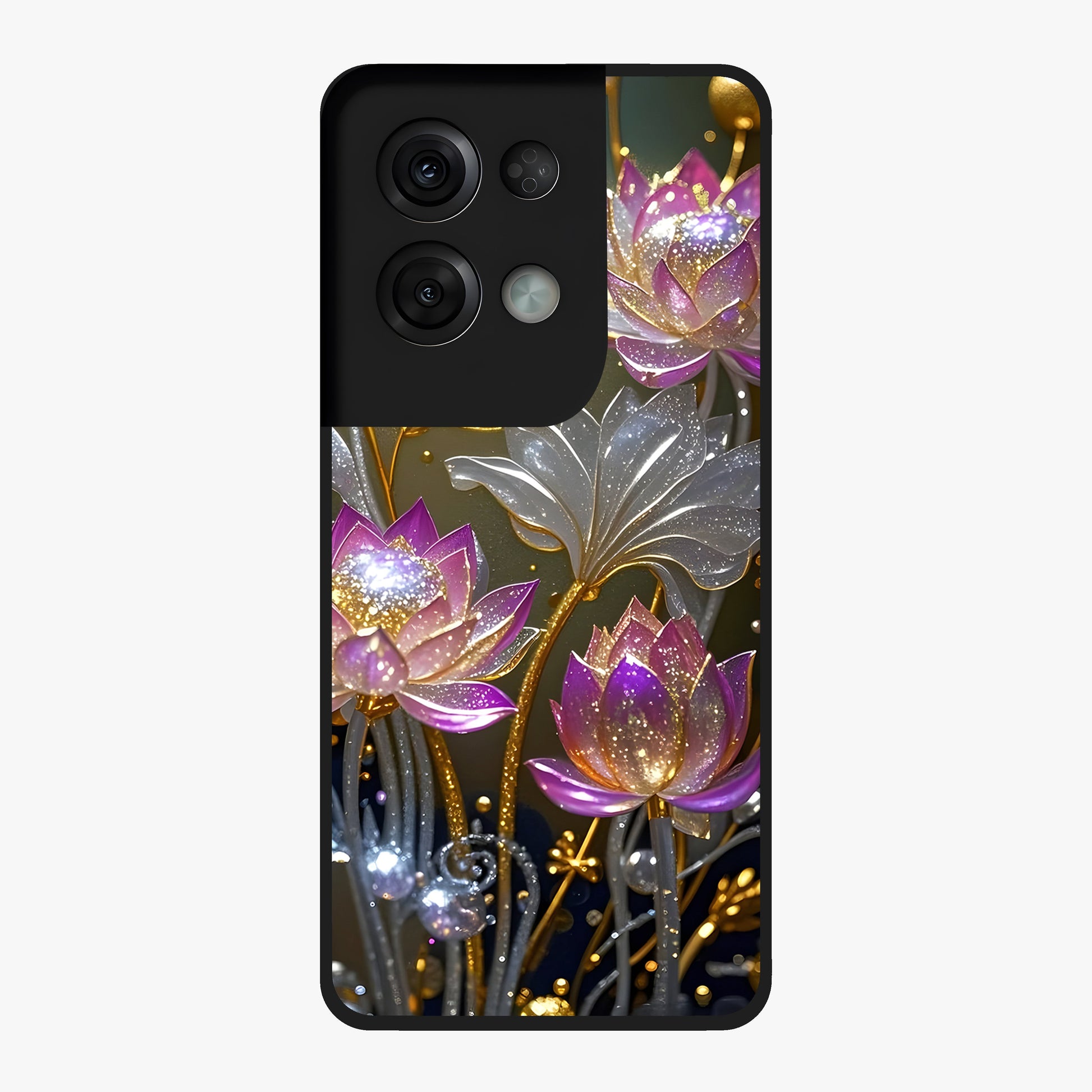 Golden Lotus Glow Glass Case showing flat back view with glowing lotus flower artwork and glossy glass finish.