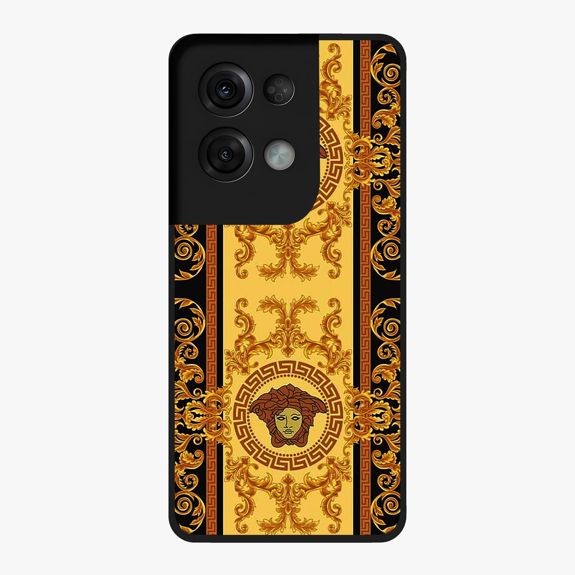 Golden Royal Heritage Glass Case showing flat back view with ornate royal pattern artwork and glossy glass finish.