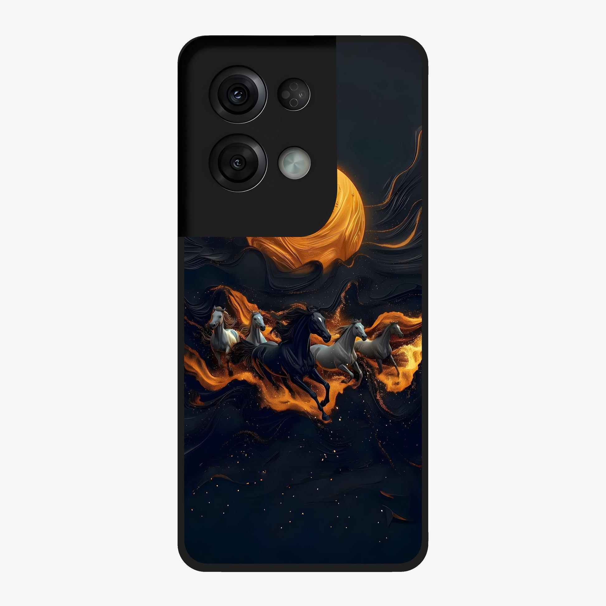 Golden Stallion Moonride Glass Case showing flat back view with majestic horse under moonlight artwork and glossy glass finish.