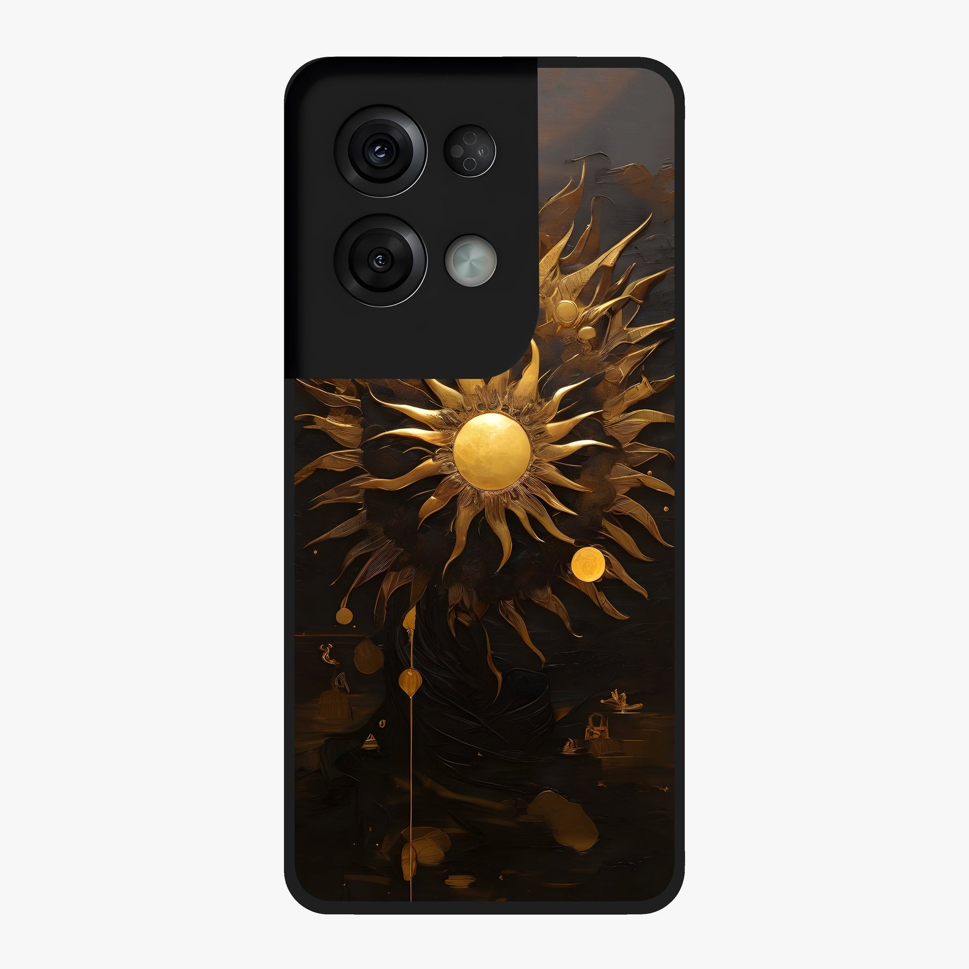 Golden Sun Majesty Glass Case showing flat back view with radiant golden sun artwork and glossy glass finish.