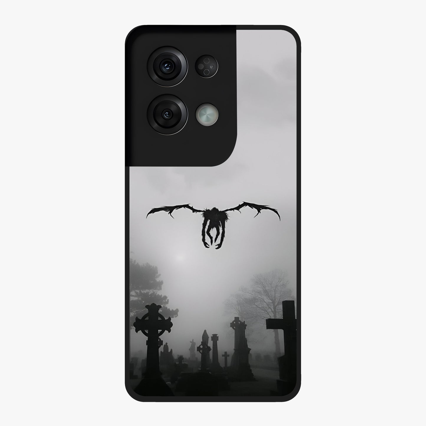 Graveyard Shadow Descent Glass Case showing flat back view with dark graveyard themed artwork and glossy glass finish.