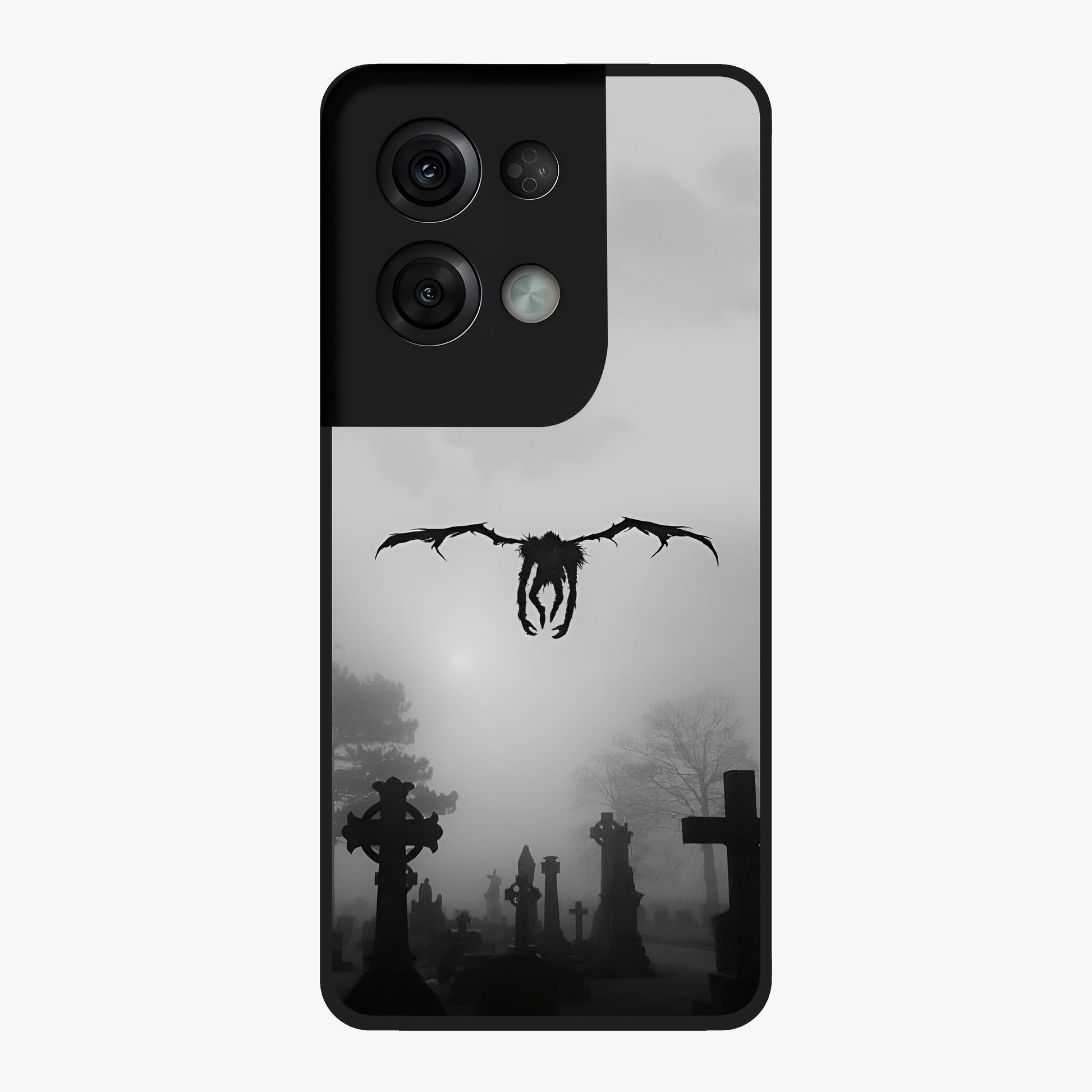 Graveyard Shadow Descent Glass Case showing flat back view with dark graveyard themed artwork and glossy glass finish.