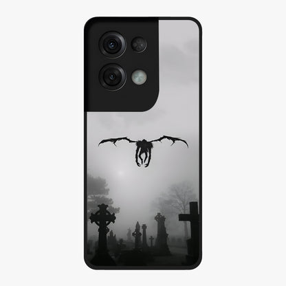 Graveyard Shadow Descent Glass Case showing flat back view with dark graveyard themed artwork and glossy glass finish.