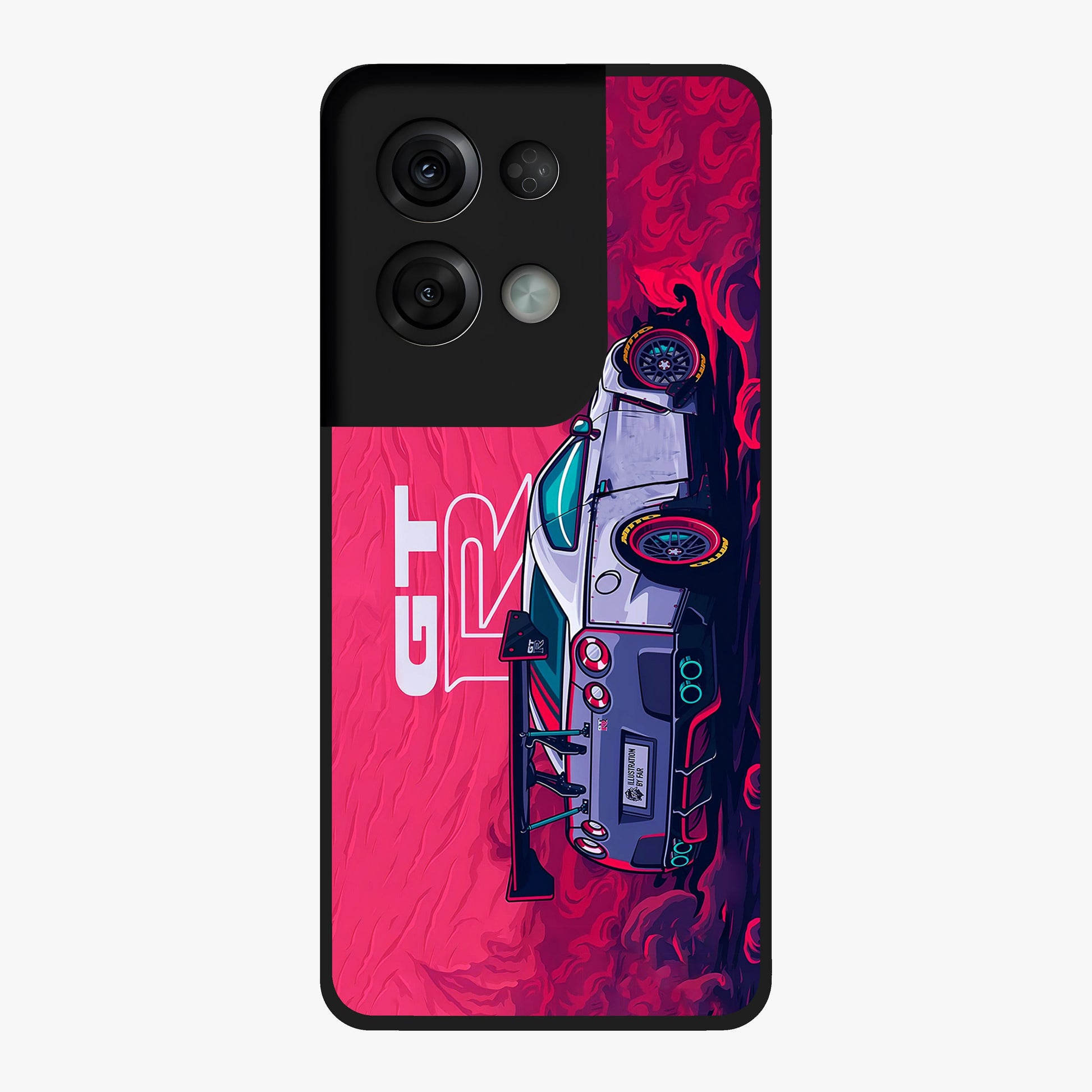 GT-R Car Pattern Glass Case showing flat back view with sporty car inspired pattern artwork and glossy glass finish.