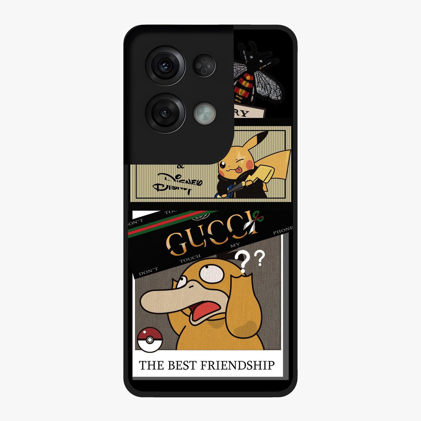 Gucci Play Mashup Glass Case showing flat back view with luxury inspired graphic artwork and glossy glass finish.