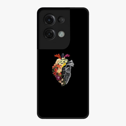 Heart With Flowers Glass Case showing flat back view with heart shaped floral artwork and glossy glass finish.