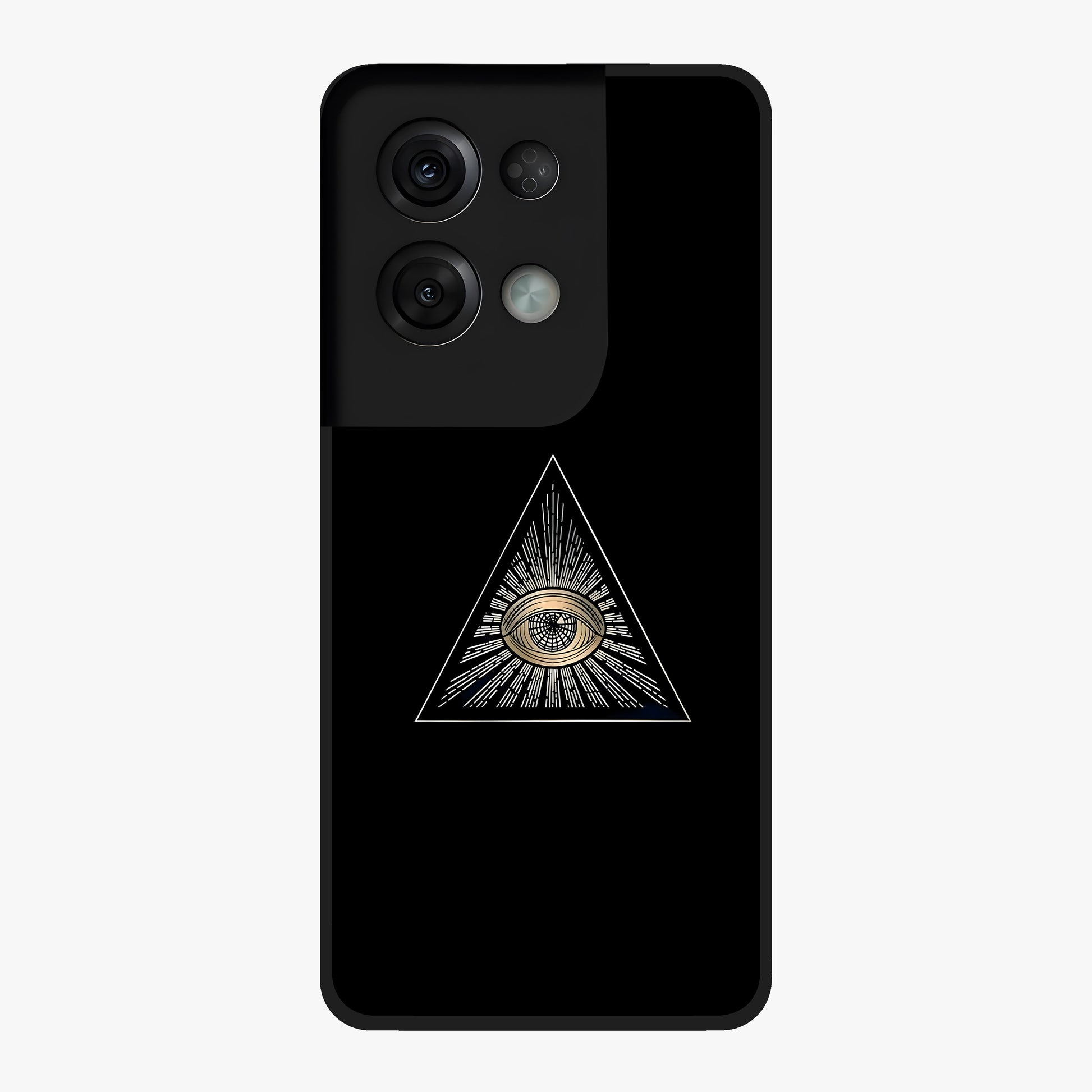 Illuminati Evil Glass Case showing flat back view with mysterious illuminati symbol artwork and glossy glass finish.