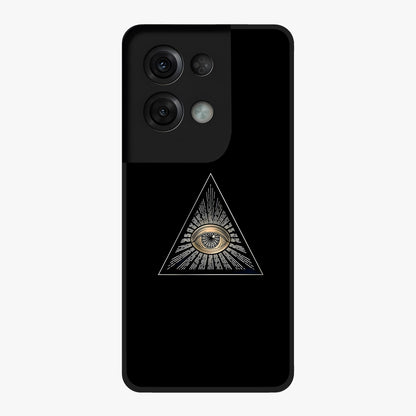Illuminati Evil Glass Case showing flat back view with mysterious illuminati symbol artwork and glossy glass finish.