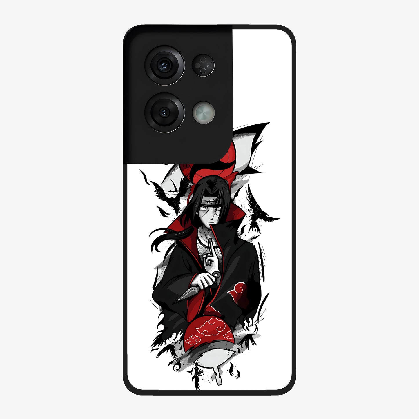 Itachi Sharingan Glass Case showing flat back view with powerful anime eye artwork and glossy glass finish.