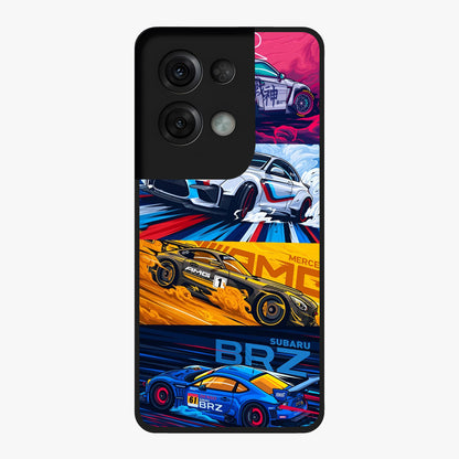 JDM Sports Car Glass Case showing flat back view with high performance sports car artwork and glossy glass finish.