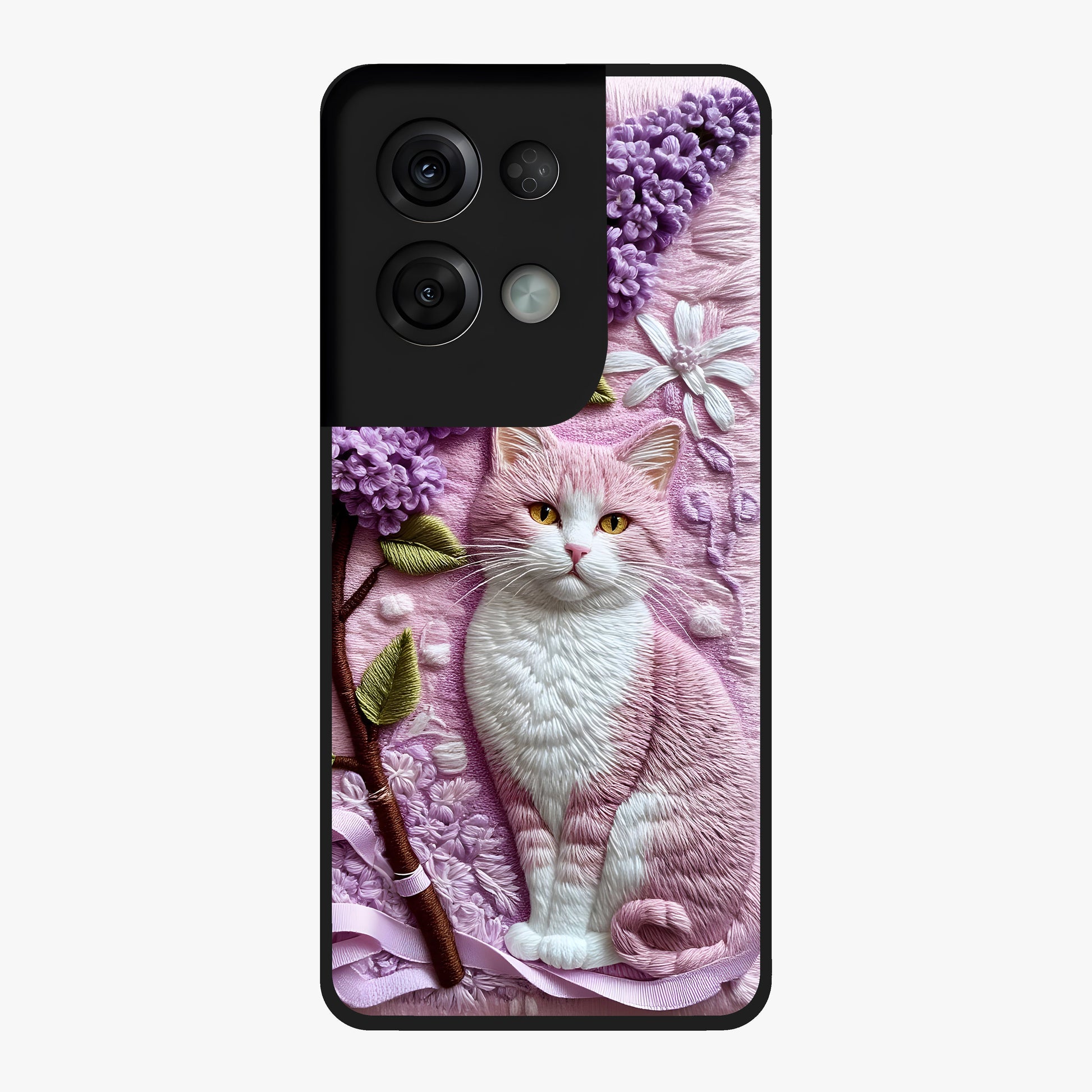 Lavender Cat Whimsy Glass Case showing flat back view with cute lavender cat artwork and glossy glass finish.