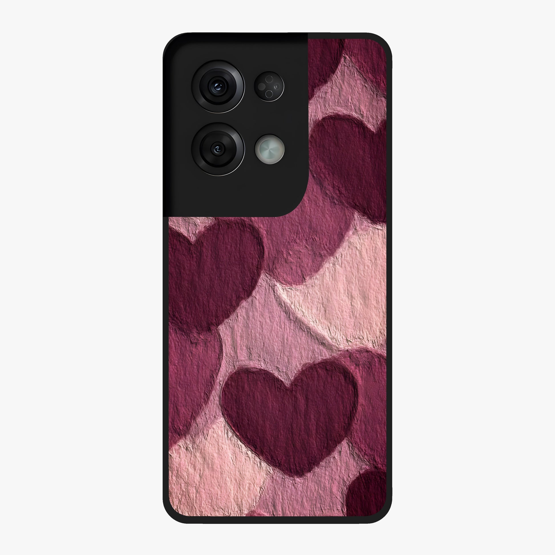 Layered Paper Hearts Glass Case showing flat back view with layered paper heart artwork and glossy glass finish.