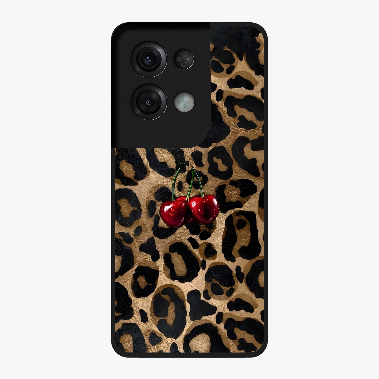 Leopard Wild Cherry Glass Case showing flat back view with leopard pattern and cherry artwork and glossy glass finish.