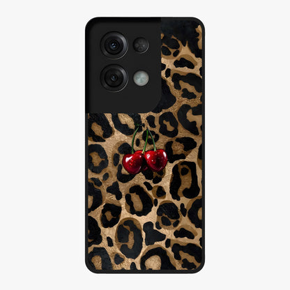 Leopard Wild Cherry Glass Case showing flat back view with leopard pattern and cherry artwork and glossy glass finish.