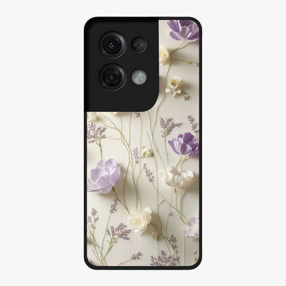 Lilac Breeze Harmony Glass Case showing flat back view with soft lilac themed artwork and glossy glass finish.
