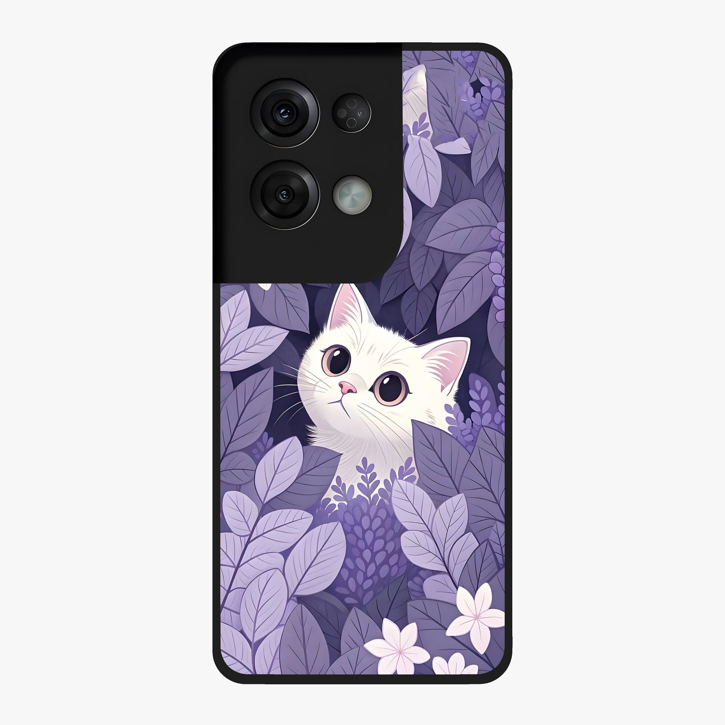 Lilac Hide Peek Cat Glass Case showing flat back view with cute peeking cat artwork and glossy glass finish.