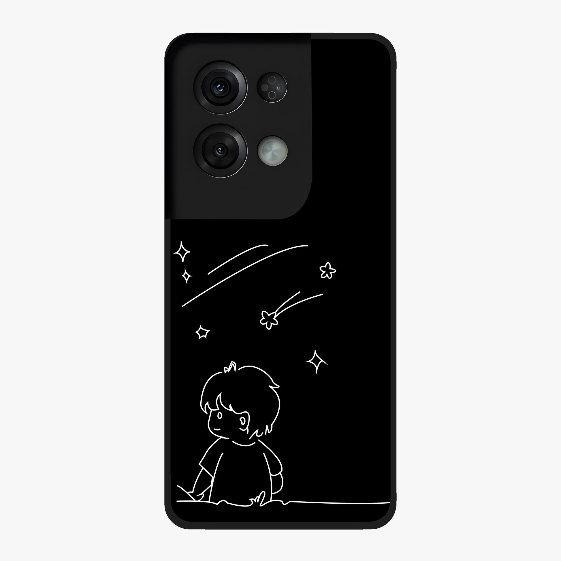 Line Art Boy With Shooting Stars Glass Case showing flat back view with minimal line art boy and shooting stars illustration and glossy glass finish.