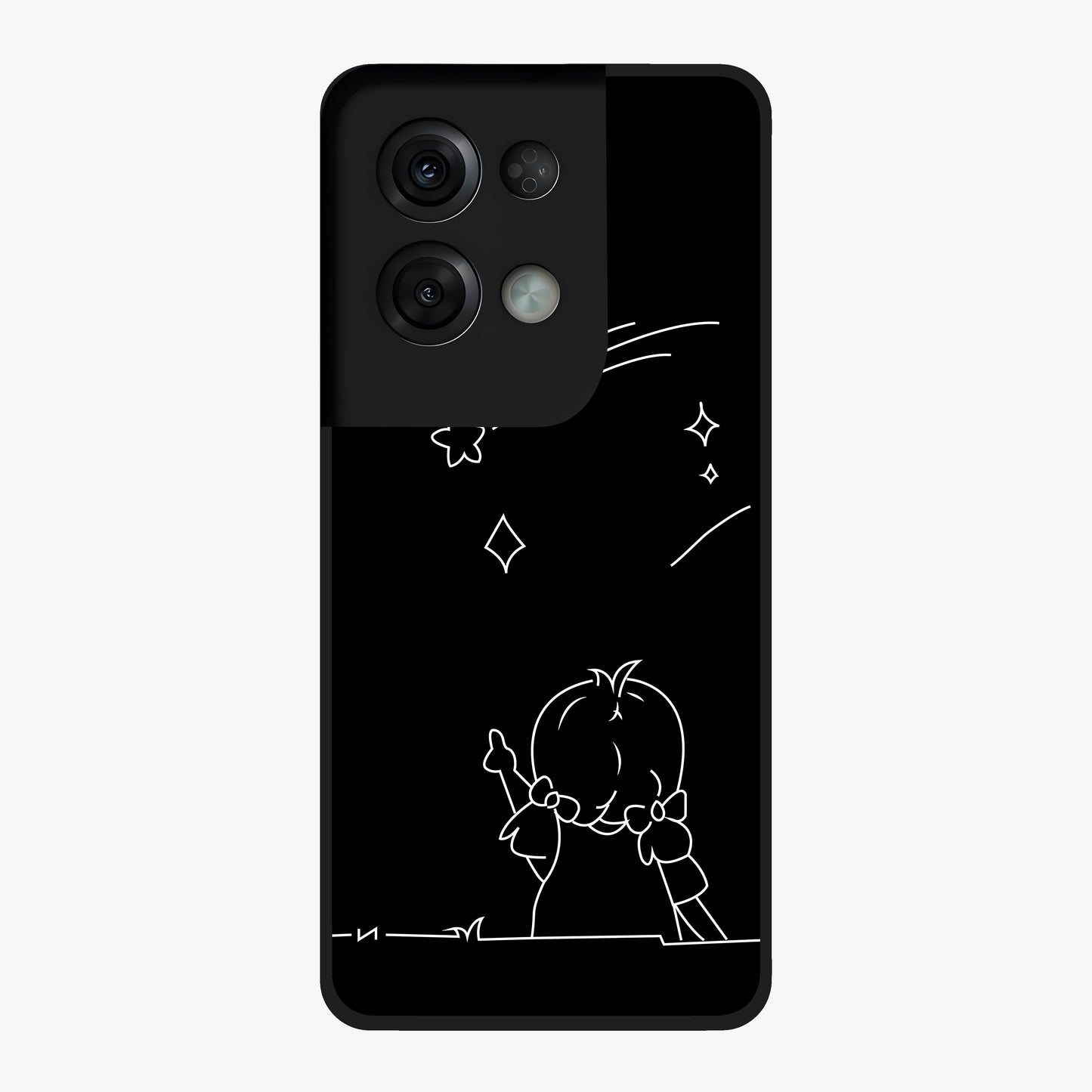 Line Art Girl With Shooting Stars Glass Case showing flat back view with minimal line art girl and shooting stars illustration and glossy glass finish.
