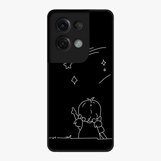 Line Art Girl With Shooting Stars Glass Case showing flat back view with minimal line art girl and shooting stars illustration and glossy glass finish.