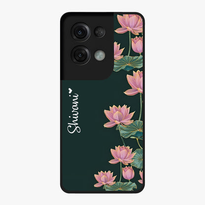 Lotus Bloom Serenity Custom Name Glass Case showing flat back view with elegant lotus flower artwork and personalized name design.