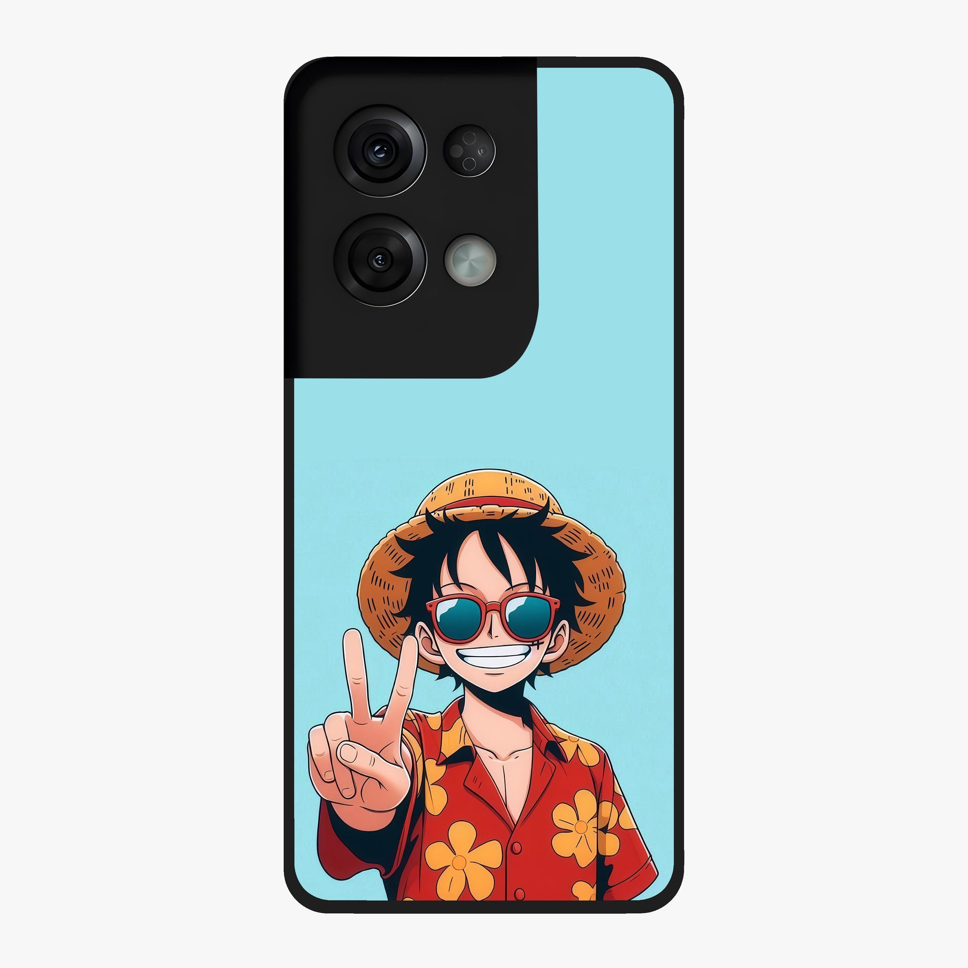Luffy Summer Anime Vibe Glass Case showing flat back view with vibrant anime character artwork and glossy glass finish.