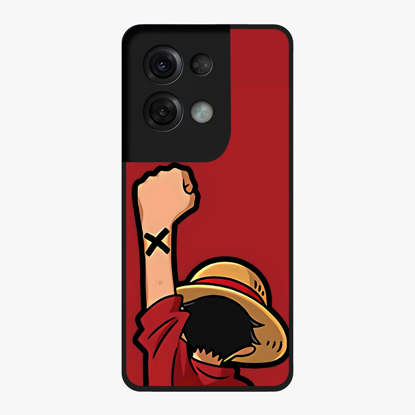 Luffy X Spirit Glass Case showing flat back view with bold anime character artwork and glossy glass finish.