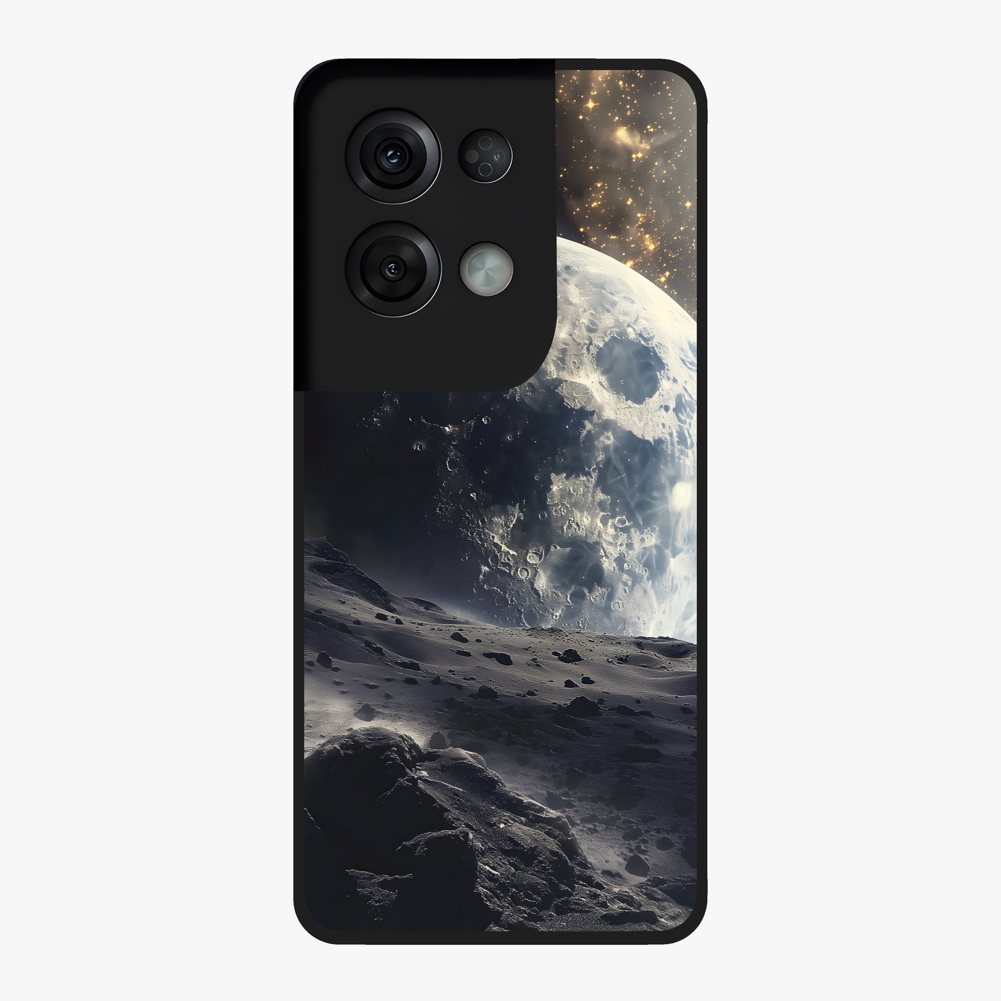 Lunar Horizon Glow Glass Case showing flat back view with glowing moon horizon artwork and glossy glass finish.