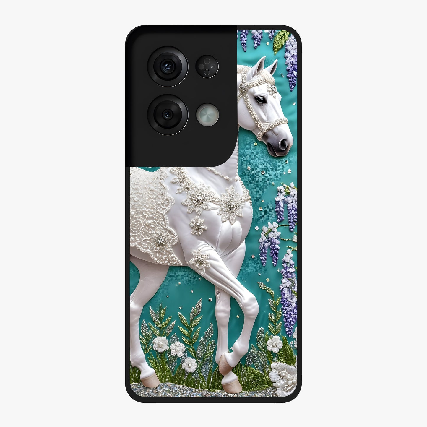 Majestic Floral Stallion Glass Case showing flat back view with powerful horse and floral artwork and glossy glass finish.