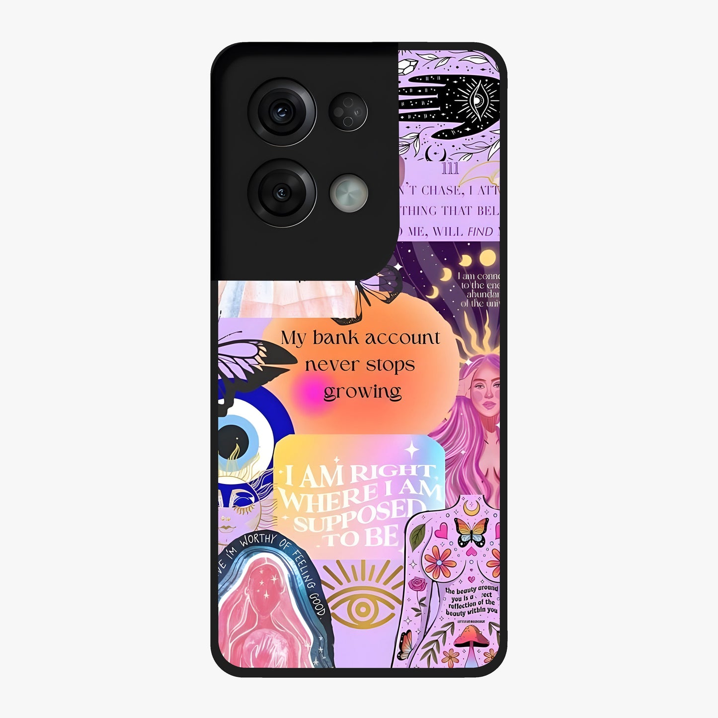 Manifestation Collage Glass Case showing flat back view with motivational collage artwork and glossy glass finish.