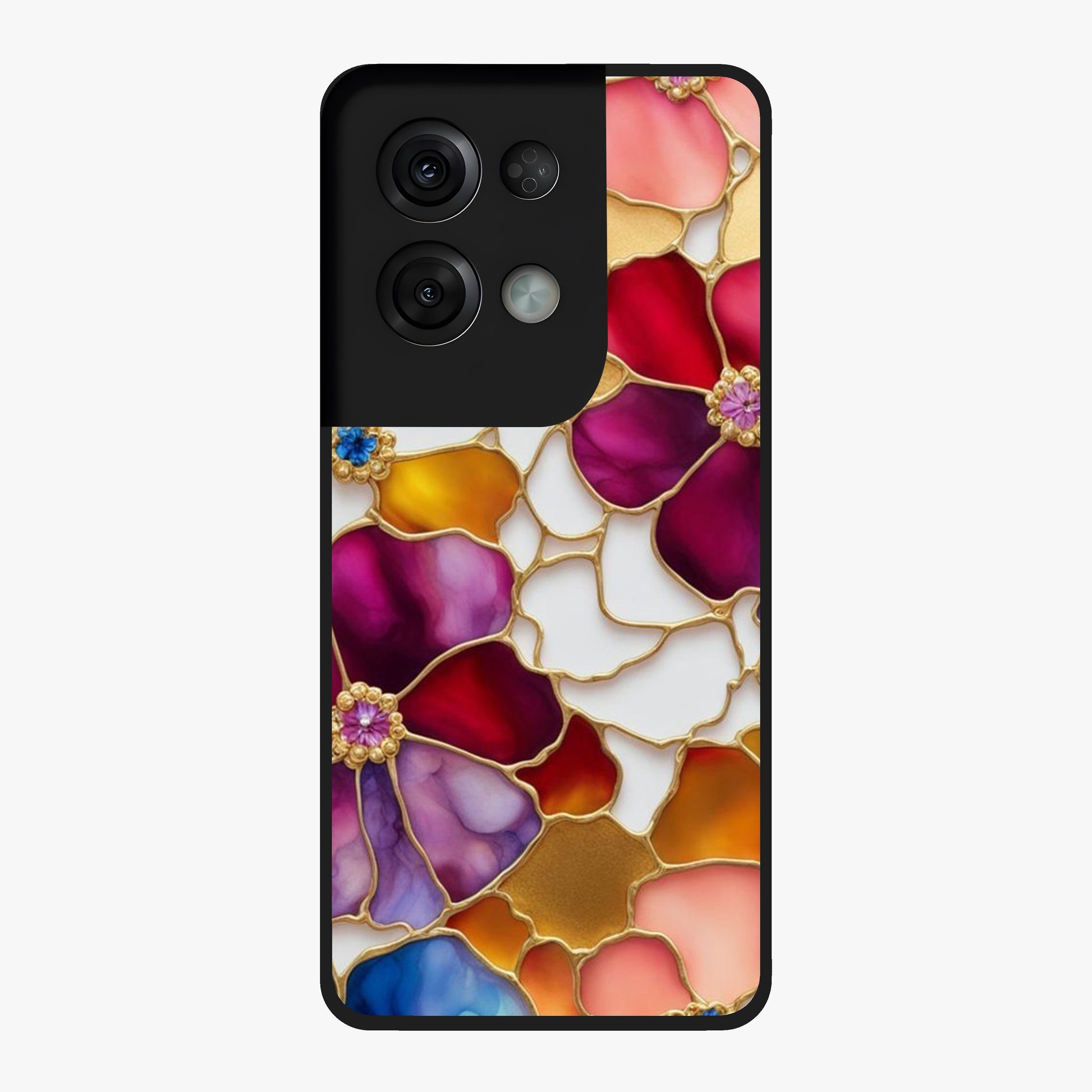 Marble Flower Pattern Glass Case showing flat back view with marble texture floral artwork and glossy glass finish.