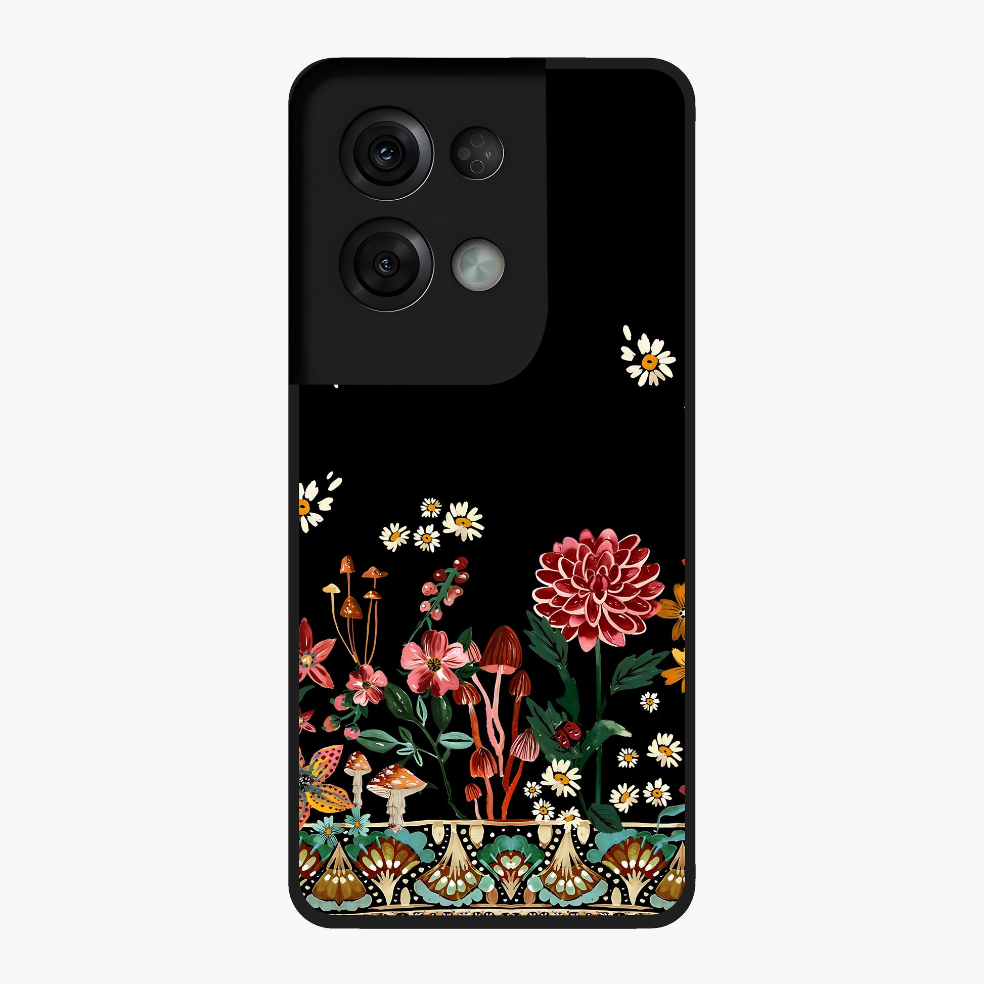 Midnight Bloom Pattern Glass Case showing flat back view with dark floral pattern artwork and glossy glass finish.