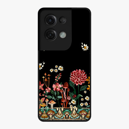 Midnight Bloom Pattern Glass Case showing flat back view with dark floral pattern artwork and glossy glass finish.