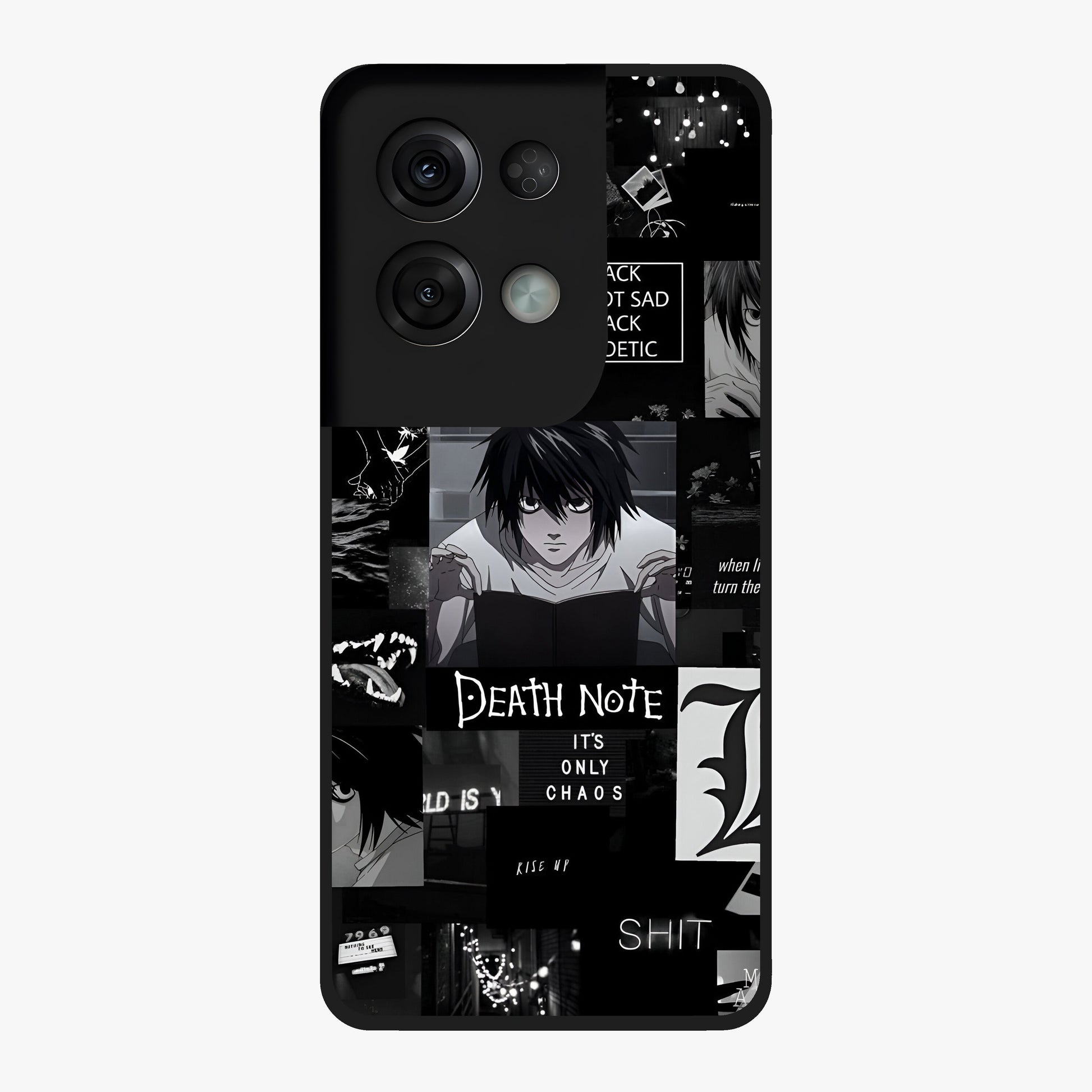 Midnight Chaos Mind Glass Case showing flat back view with abstract dark themed artwork and glossy glass finish.