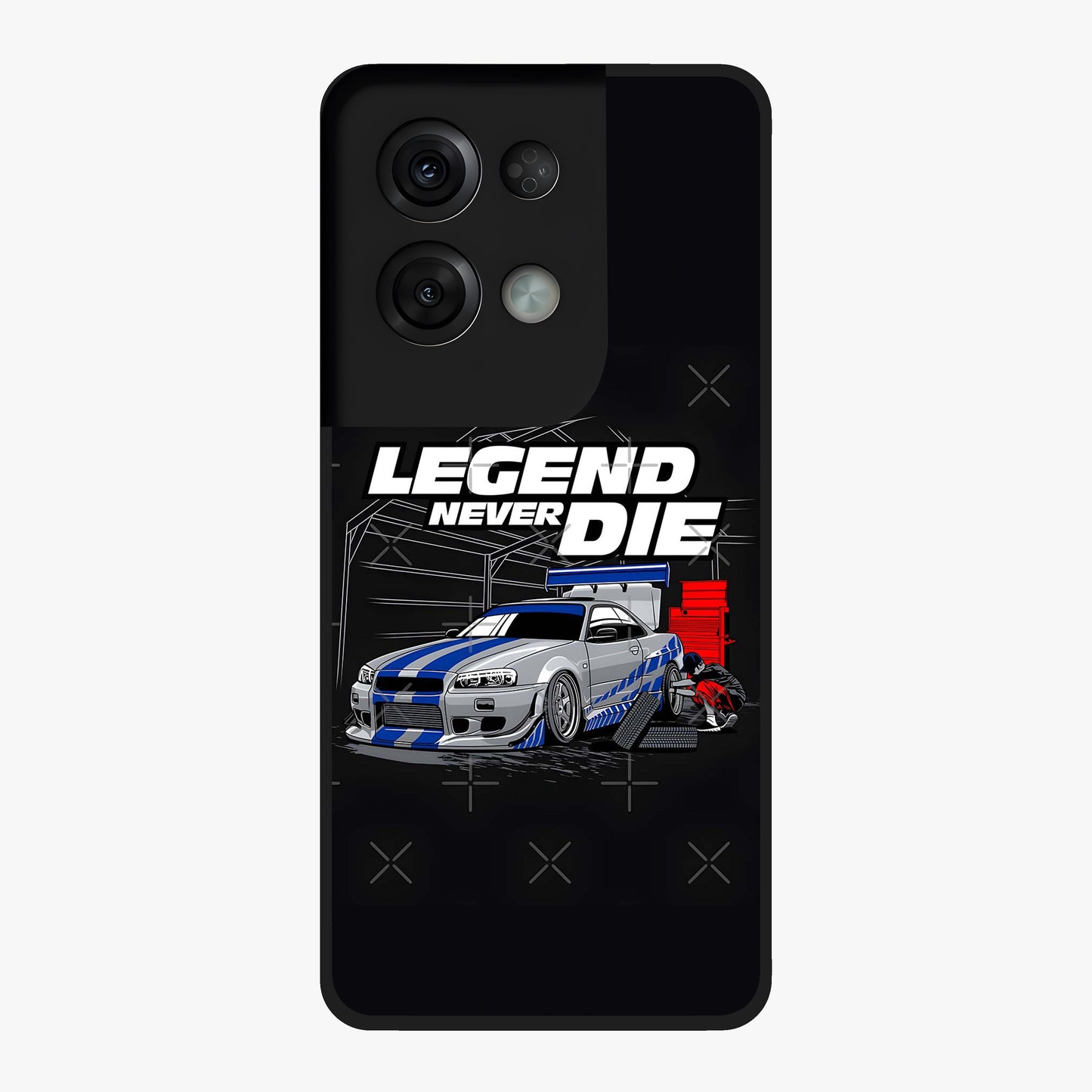 Midnight Racing Legacy Glass Case showing flat back view with sleek racing inspired artwork and glossy glass finish.