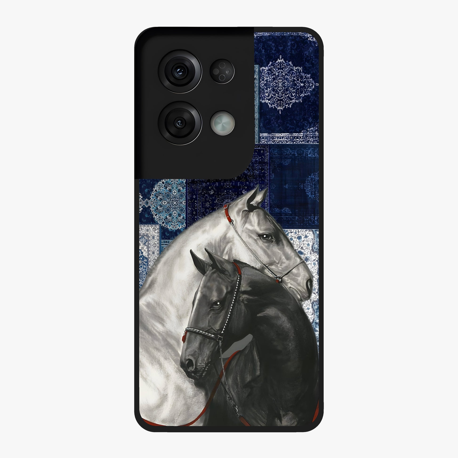 Midnight Stallion Blues Glass Case showing flat back view with majestic horse artwork and glossy glass finish.