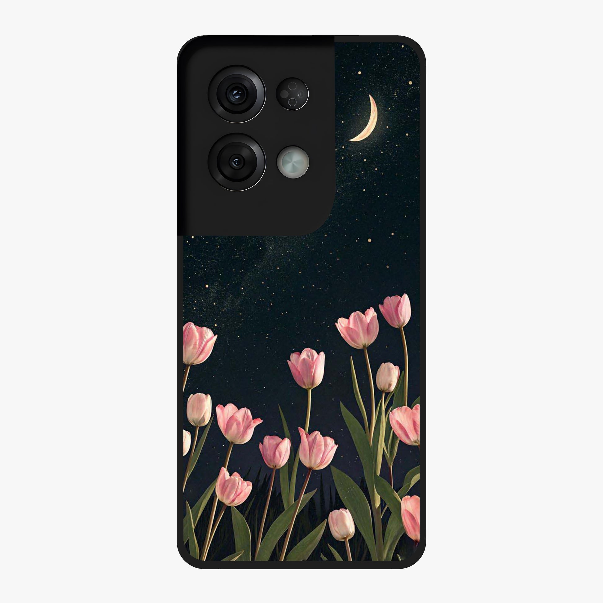 Midnight Tulip Whispers Vibe Glass Case showing flat back view with elegant tulip flower artwork and glossy glass finish.