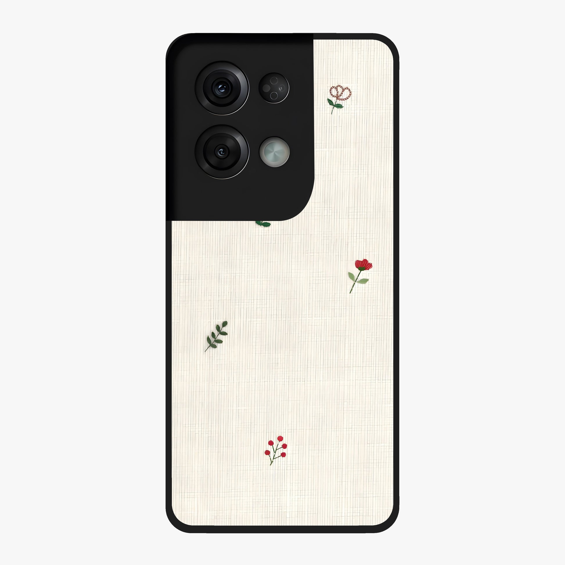 Minimal Petal Whispers Glass Case showing flat back view with soft minimal floral artwork and glossy glass finish.